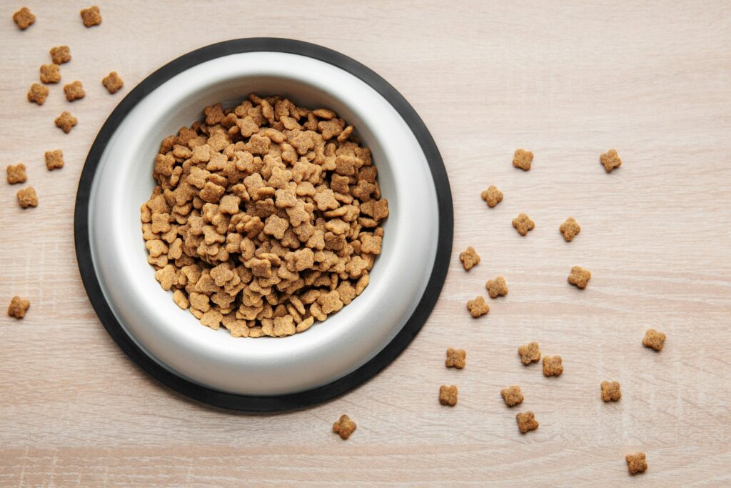 A bowl of dog food on a wooden floor.