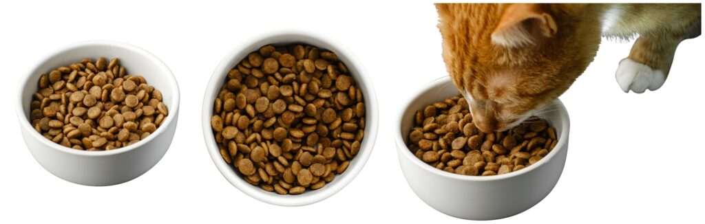 Brown kibble pieces for cat food in metal bowl isolated on white background