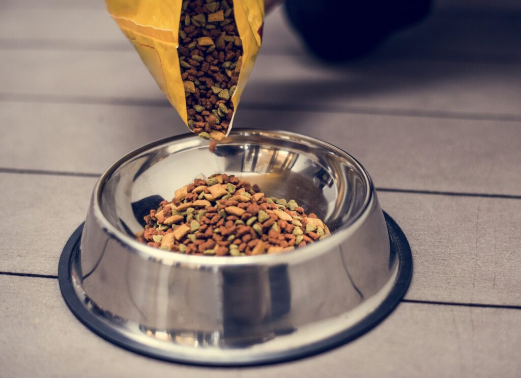 Pouring pet food into a bowl